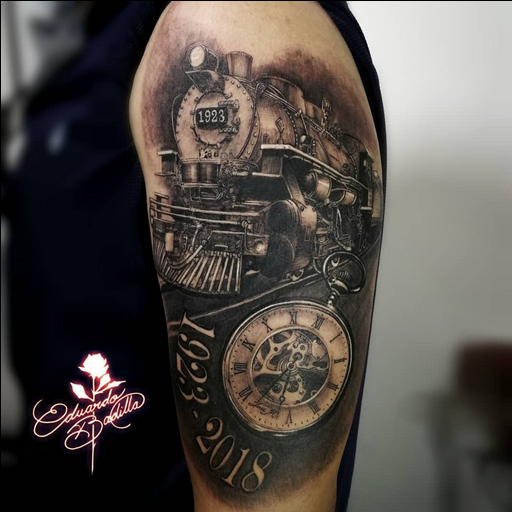 imágen de tatuaje de una locomotora a vapor hecho a blanco y negro