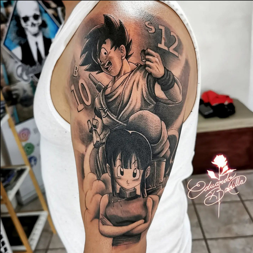 imágen de tatuaje de Goku y Milk hecho a blanco y negro